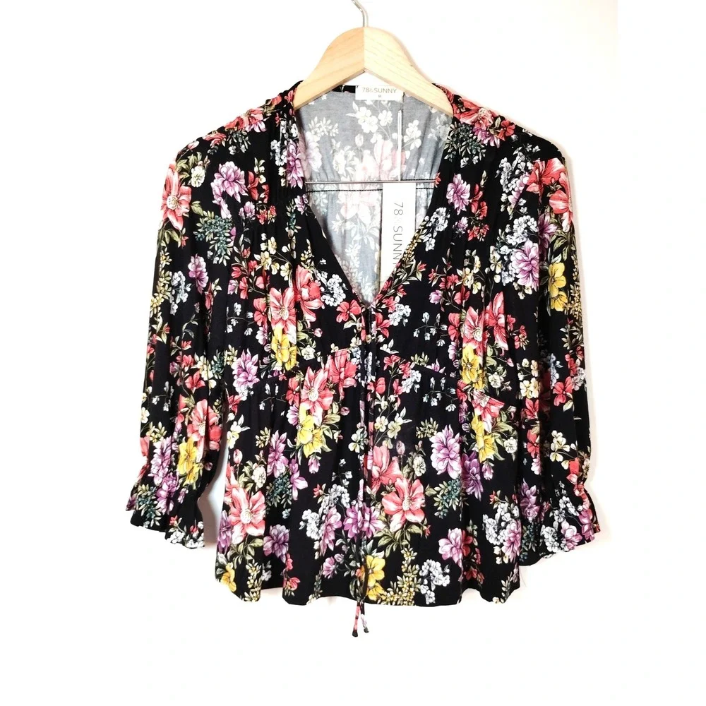 NWT 78 & Sunny Women Babydoll Floral Gypsy Sailwind V Neck Ruffle Top M-MSRP$69 - Picture 2 of 12